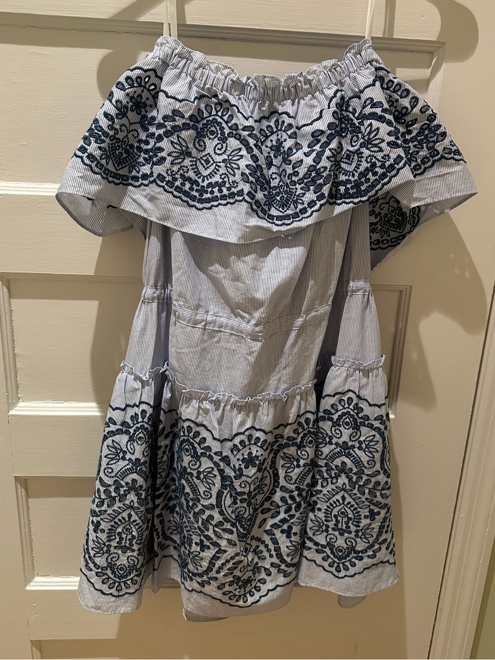 BCBG Max Azria Light Blue Off the Shoulder Dress with Navy Embroidery